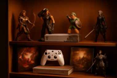Rak koleksi berisi action figure game, konsol edisi terbatas, dan soundtrack fisik