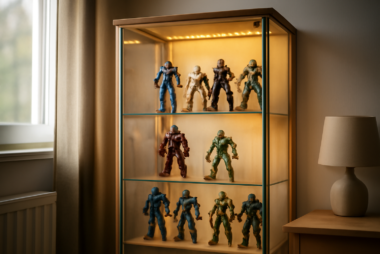 Rak kaca berisi koleksi action figure yang ditata rapi dengan lampu LED