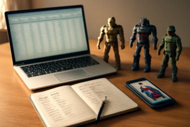 Meja kolektor dengan laptop berisi spreadsheet katalog action figure, buku catatan, dan beberapa figure di sekitarnya.