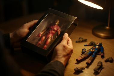 Tangan memeriksa keaslian action figure dan kemasannya di atas meja