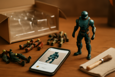 Action figure second dan box terbuka di meja untuk menilai kondisi dan kelengkapannya