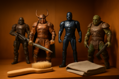 Rak koleksi action figure dengan kuas lembut dan kain mikrofiber untuk membersihkan debu