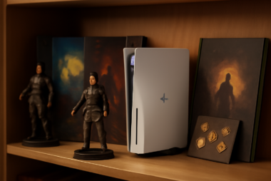 Rak pajangan berisi action figure, konsol edisi khusus, dan merchandise game lain milik kolektor