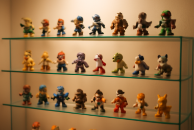 Rak kaca berisi action figure game yang disusun berdasarkan skala dan ukuran