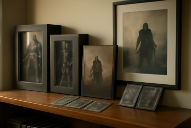 Rak koleksi berisi action figure, artbook, kartu, dan poster memorabilia game