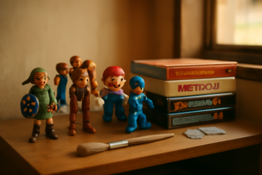 Rak kayu berisi koleksi action figure dan kotak game yang ditata rapi di kamar