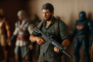 Koleksi action figure game dipajang di rak kaca dengan pencahayaan lembut
