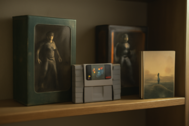Rak kayu berisi koleksi memorabilia game seperti action figure dan kotak game