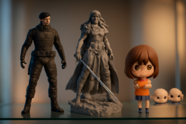 Tiga jenis figure koleksi dipajang di rak kaca: action figure, statue resin, dan Nendoroid